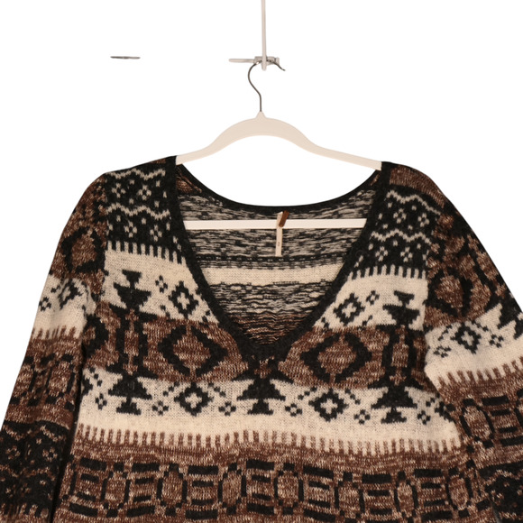 Free People Tunic Sweater Women Medium Brown Aztec Tribal Wool Alpaca Blend Boho - Picture 2 of 11